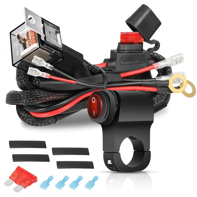 OFFROADTOWN 2 Leads LED Light Bars Wiring Harness Kit w/Motorcycle Handlebar Switch 7/8" 12V 40A Relay Fuse Nylon Wire Harness for ATV Dirt Bike Scooters Motorcycle Lights - Image 1